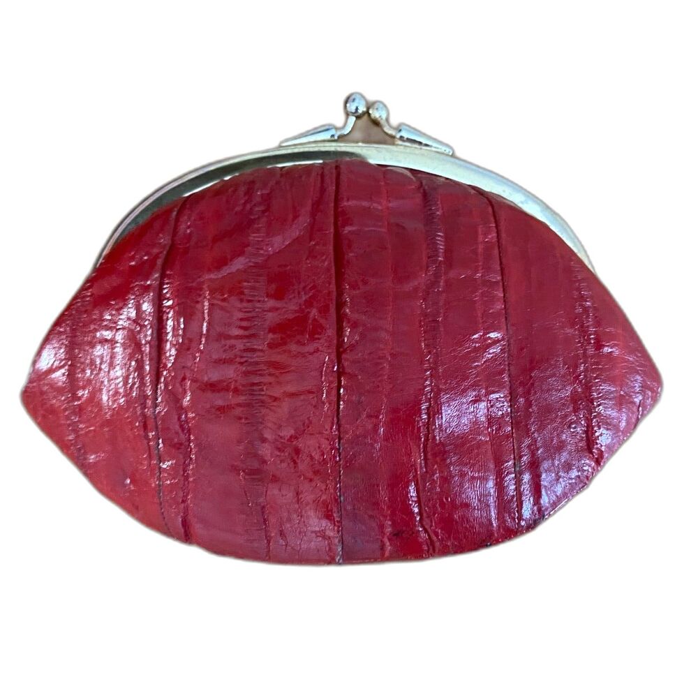 Vintage EEL SKIN Leather Double Kiss Lock Burgundy Red Coin/Change/Clutch Bag